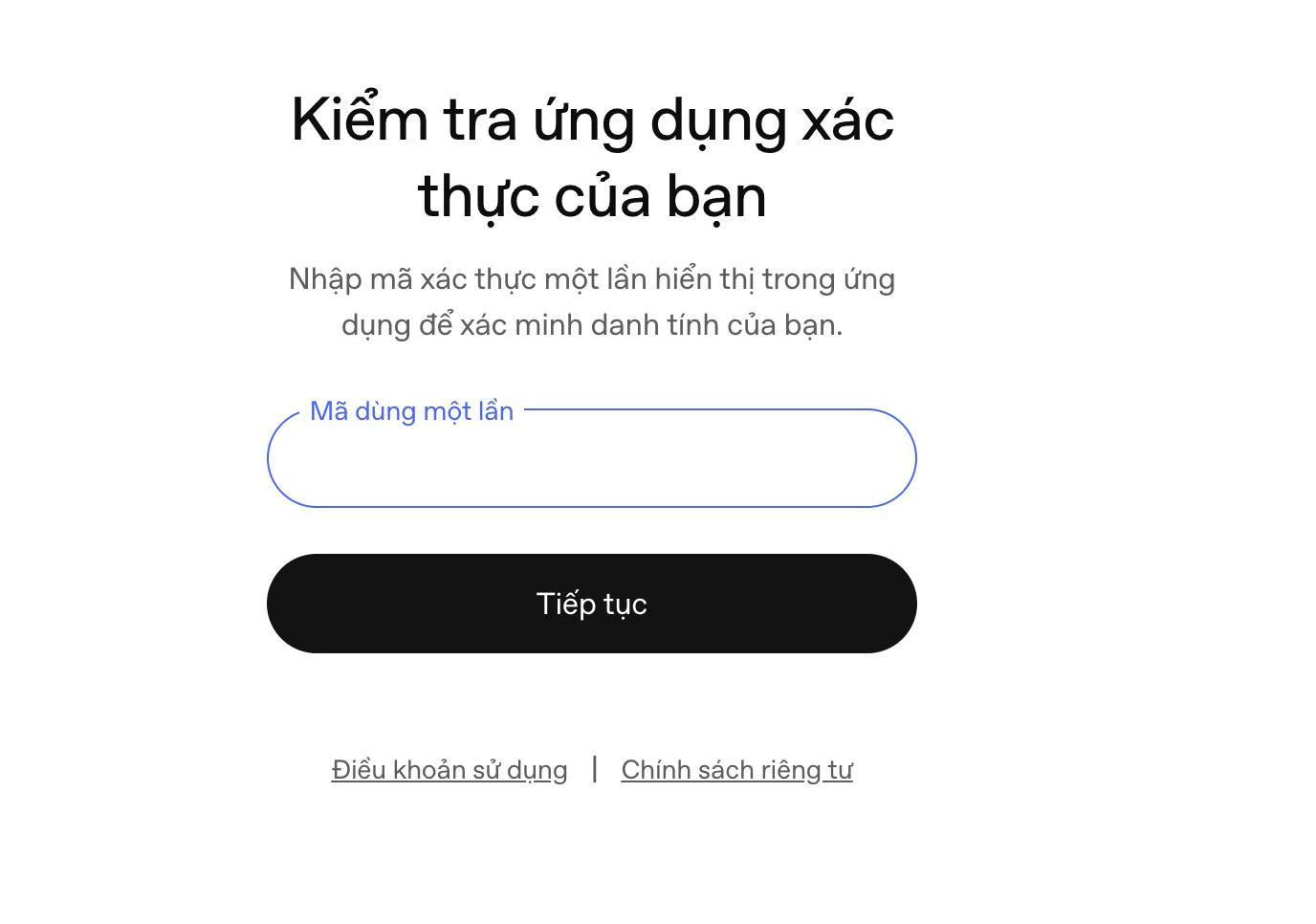 Màn hình Kiểm tra ứng dụng xác thực của bạn trên ChatGPT với ô Mã dùng một lần và nút Tiếp tục.