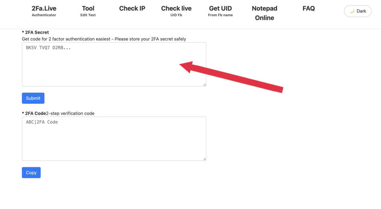 Giao diện 2FA.live với ô 2FA Secret, nút Submit và phần 2FA Code.